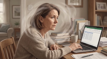 Una mujer observa la pantalla de una computadora portátil sentada junto a un escritorio con libros, papeles y una taza.