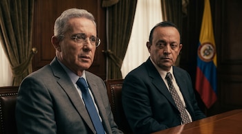 Álvaro Uribe Vélez y Santiago Uribe Vélez posan con traje y corbata, sentados en una mesa de madera. Al fondo, la bandera de Colombia y cortinas.