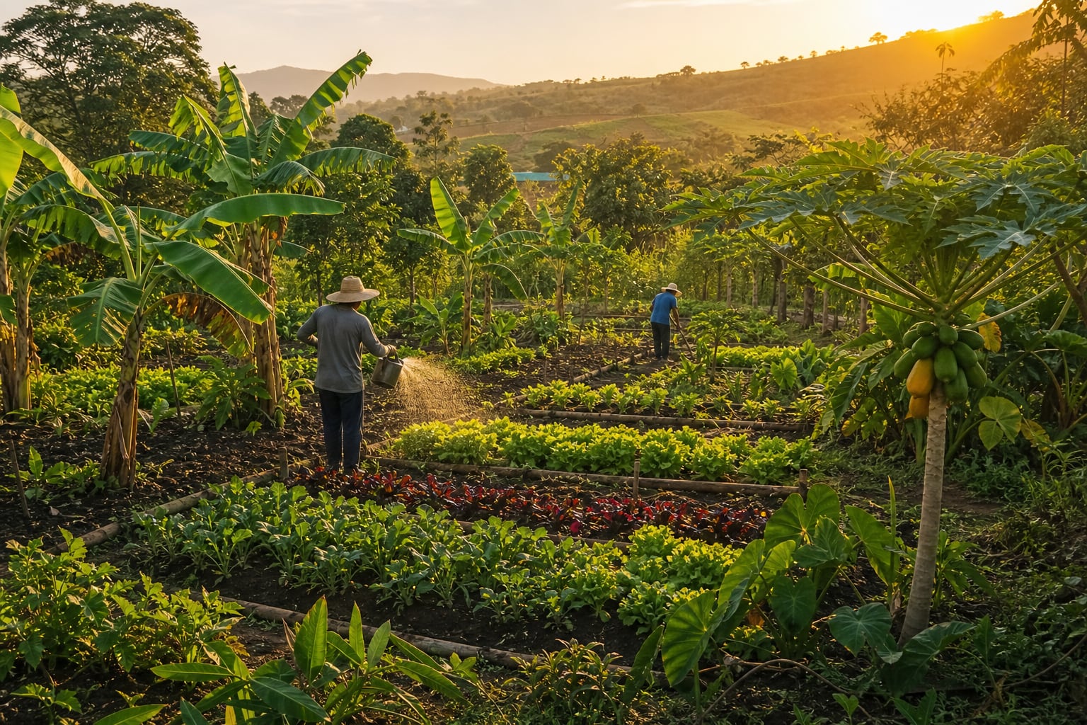 Agricultores trabajan en un huerto de hortalizas y frutales durante el atardecer en una zona rural de Panamá. (Imagen Ilustrativa Infobae)