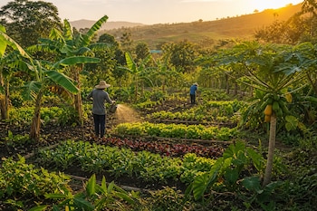 Dos personas con sombreros riegan y trabajan cultivos de hortalizas, plátanos y papayas en parcelas agrícolas al atardecer.