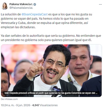 Paloma Valencia acusó a Iván Cepeda de promover discursos autoritarios tras polémica en redes - crédito @PalomaValenciaL/X
