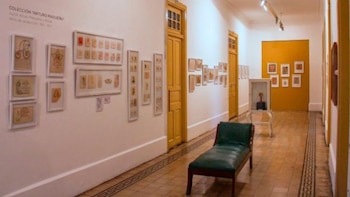 Pasillo de museo con paredes blancas y amarillas, puertas de madera amarillas, suelo de baldosas y varias imágenes enmarcadas. Incluye una chaise longue verde y una vitrina de cristal