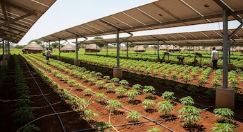Vista de un campo agrícola con filas de cultivos verdes bajo una extensa estructura de paneles solares, con tuberías de riego en el suelo y chozas con techo de paja al fondo.