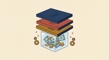 Cubo de hielo con billetes y monedas, presionado por tres placas superpuestas de colores azul, rojo y ocre, junto a gotas de agua y engranajes.