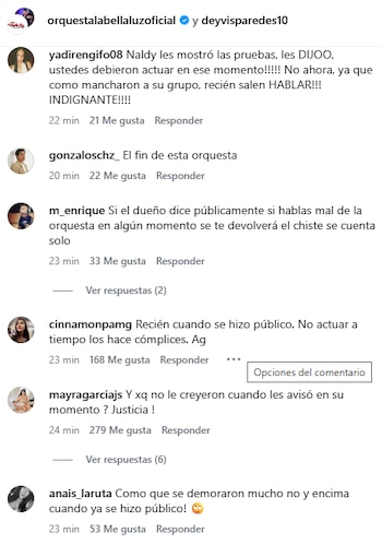 La indignación de los seguidores de 'La Bella Luz' tras el comunicado de la orquesta ante de la denuncia de tocamientos por parte de Naldy Saldaña. IG.