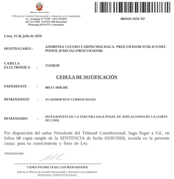 Documento oficial que muestra una cédula de notificación del Tribunal Constitucional, con fecha, destinatario, expediente, demandante, demandado y firma