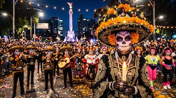 Mujer maquillada de Catrina con sombrero y vela encendida, frente a mariachis y una multitud en una avenida con un monumento al fondo.