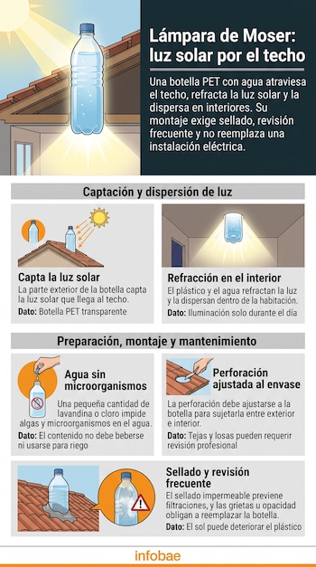 Infografía con ilustraciones sobre el uso, perforación del techo, llenado y sellado de una botella de plástico para iluminación.