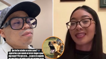 Un hombre con gorra y gafas, una mujer con gafas y un perro ladrando con la boca abierta. Texto superpuesto en la imagen.