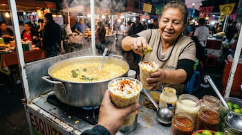 Una mujer exprime un limón sobre un vaso con maíz en un puesto que tiene una olla grande y frascos con condimentos.