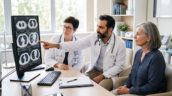 Dos médicos en bata blanca observan una pantalla con imágenes médicas mientras uno señala el monitor frente a una paciente sentada.