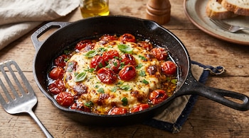 Sartén de hierro con queso provoleta fundido, tomates cherry y hierbas sobre una mesa de madera junto a rebanadas de pan y una espátula.