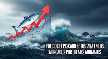 Gráfico ascendente con un pez sobre barras azules a la izquierda. A la derecha, mar embravecido con grandes olas, redes de pesca y barcos pesqueros en aguas turbulentas.