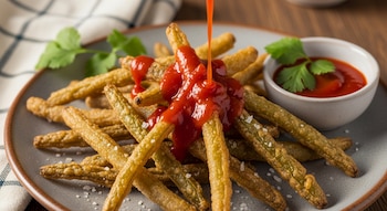 Primer plano de un plato de chauchas fritas doradas cubiertas con salsa roja, con un chorro de salsa cayendo. Hay un cuenco pequeño con más salsa al lado y hojas de cilantro.