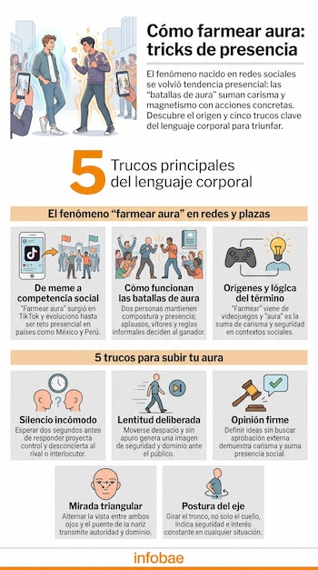 Infografía sobre "farmear aura" con título, texto explicativo, tres bloques de información sobre el fenómeno y cinco ilustraciones de lenguaje corporal.