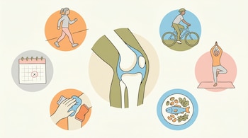 Ilustración de una rodilla central, rodeada por íconos de caminar, andar en bicicleta, yoga, un plato de comida sana, compresa fría/caliente y un calendario de citas.