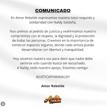 Comunicado de Amor Rebelde en fondo blanco con texto negro, incluye el hashtag #JUSTICIAPARANALDY y el logo de la orquesta