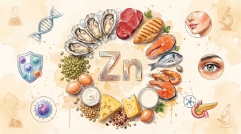 Símbolo Zn, ostras, carne roja, pollo, salmón, pescado, camarones, leche, queso, huevos, semillas, legumbres, ADN, células, rostro, ojo, páncreas, microscopios, matraces.