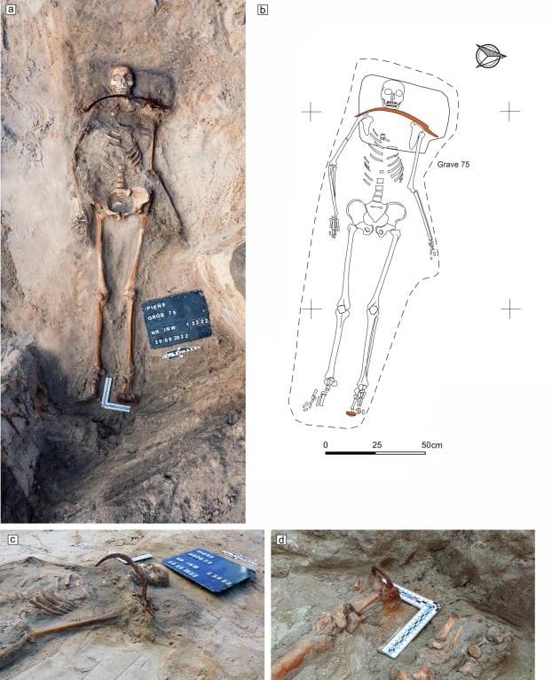 La Tumba 75 de Pień contenía a una joven enterrada con una hoz sobre el cuello y un candado de hierro sujeto al pie izquierdo. (sciencedirect.com)