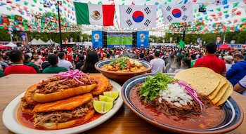 Primer plano de tortas ahogadas y birria con tortillas. Al fondo, fan fest de Guadalajara con banderas de México y Corea del Sur y gente mirando una pantalla gigante.
