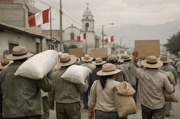 Vista trasera de agricultores en marcha en Camaná, Arequipa, llevando sacos al hombro y pancartas. Banderas peruanas y un campanario de iglesia se ven al fondo.