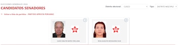 Página web con dos fotos de candidatos al Senado por Cusco, Guido Walter Bayro Orellana y Rosa Augusta Mosqueira Silva, y el logo del Partido Aprista Peruano