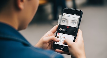 Primer plano de una persona usando un smartphone negro con ambas manos; la pantalla muestra ojos y un punto rojo, indicando una cámara activa.