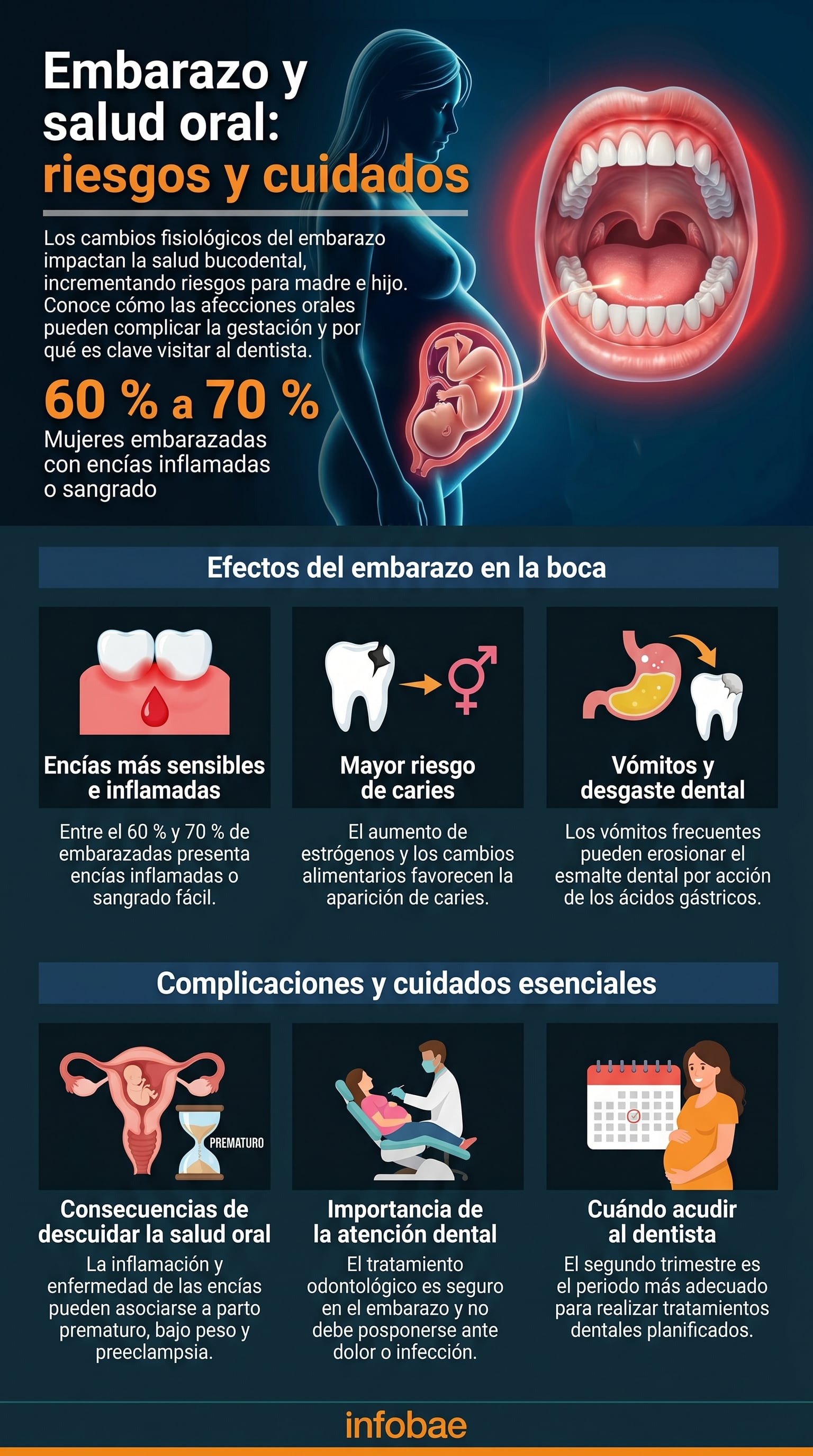Esta infografía detalla cómo la salud oral durante el embarazo es crucial, dado que problemas en encías y dientes pueden asociarse a complicaciones como parto prematuro o preeclampsia, haciendo esencial la visita al dentista (Imagen Ilustrativa Infobae)