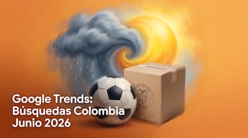 Balón de fútbol, urna electoral con escudo de Colombia, nube con lluvia, sol y texto 'Google Trends: Búsquedas Colombia Junio 2026' en fondo naranja.
