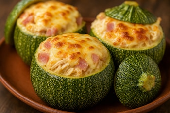 Tres zapallitos verdes rellenos con mezcla de pollo, trozos de jamón y queso derretido en un plato.