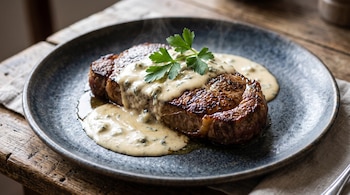 Bife con salsa de queso y una hoja de perejil encima, servido en un plato gris oscuro sobre una mesa de madera rústica.