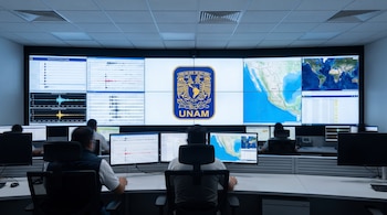 Sala de control moderna con un video wall que muestra el logo de la UNAM, datos sísmicos y mapas de México. Operadores trabajan en escritorios.