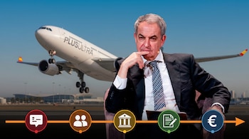 Montaje visual de José Luis Rodríguez Zapatero sentado pensativo sobre un avión de Plus Ultra difuminado y una línea de tiempo naranja con cinco iconos.