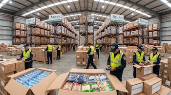 Interior de un almacén aduanero DIAN en Colombia con estantes llenos de cajas. Agentes con chalecos y gorras revisan cajas con agua, alimentos y medicinas.