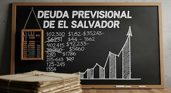Pizarra de tiza con marco de madera que muestra el título 'DEUDA PREVISIONAL DE EL SALVADOR', números y un gráfico de barras en ascenso. Un ábaco y documentos apilados.