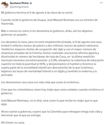 Petro resaltó logros como el crecimiento económico y la reducción de la mortalidad infantil durante su gobierno. - crédito @petrogustavo/X
