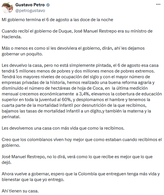 Petro resaltó logros como el crecimiento económico y la reducción de la mortalidad infantil durante su gobierno. - crédito @petrogustavo/X