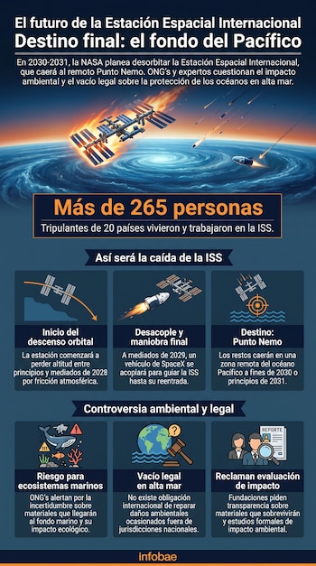 Infografía de la Estación Espacial Internacional en reentrada atmosférica, con fases de descenso al Punto Nemo y recuadros sobre controversias ambientales y legales.