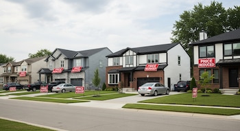 Calle residencial en Estados Unidos con casas modernas y césped. Múltiples letreros rojos de "Precio Reducido" y "En Venta" son visibles, junto a autos.