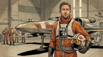 Ilustración de Ryan Gosling como piloto rebelde de Star Wars en traje naranja, sosteniendo un casco, de pie frente a un X-wing en un hangar con otros personajes.