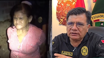 Imagen dividida: a la izquierda, una mujer adulta con expresión tensa; a la derecha, un oficial de policía con uniforme y gafas, hablando frente a emblemas