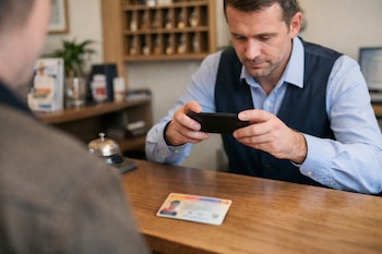Hombre recepcionista fotografía un Documento Nacional de Identidad español con un teléfono móvil sobre un mostrador de madera. Un huésped se ve de espaldas.