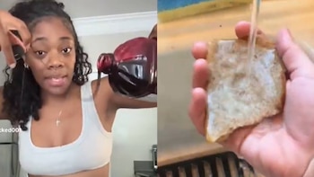 Pantalla dividida con una mujer que vierte un líquido a la izquierda y una mano que sostiene pan tostado bajo el agua a la derecha