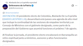 Abelardo de la Espriella convocó a su gabinete a un retiro espiritual - crédito @defensoresco/X