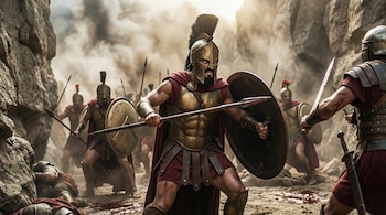 Guerrero espartano con casco, lanza y escudo en postura de combate, rodeado de otros soldados y cuerpos en un terreno rocoso y polvoriento con humo.