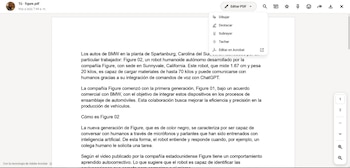 Captura de pantalla de un documento PDF con texto sobre un robot humanoide y un menú de edición con opciones como Dibujar, Destacar y Subrayar