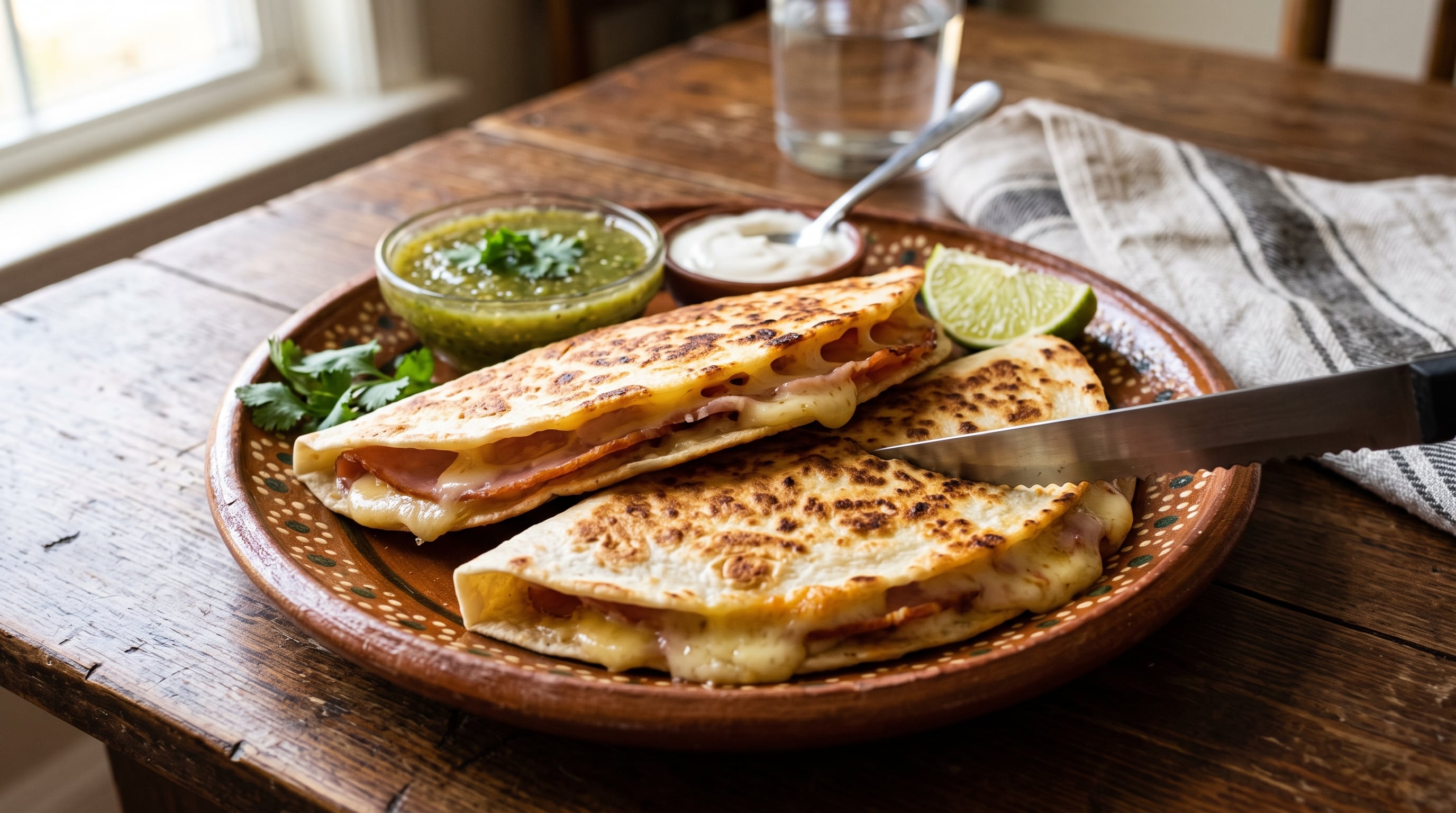 Un plato tradicional de barro sobre una mesa de madera presenta quesadillas de jamón y queso fundido acompañadas con salsa verde y crema. (Imagen Ilustrativa Infobae)