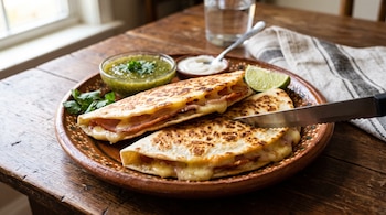 Dos quesadillas con queso fundido y jamón están en un plato de barro junto a recipiente con salsa verde, crema, limón y un cuchillo.