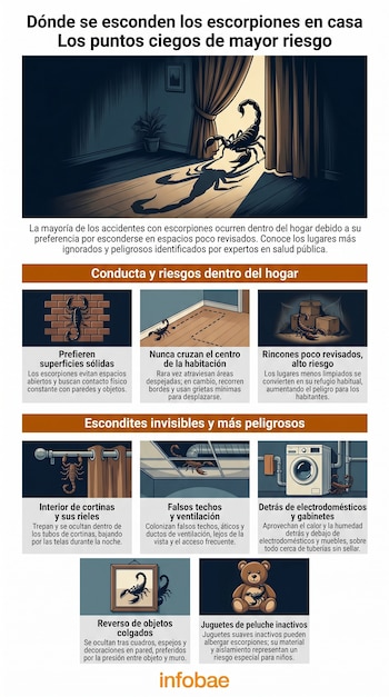 Infografía sobre dónde se esconden los escorpiones en casa, con un arácnido en una habitación oscura y ocho ejemplos visuales de escondites peligrosos.