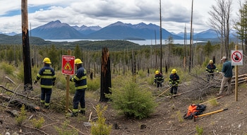 Brigadistas y vecinos en bosque patagónico. Despejan ramas e instalan carteles de prevención. Hay troncos quemados, vegetación nueva, montañas y un lago al fondo.